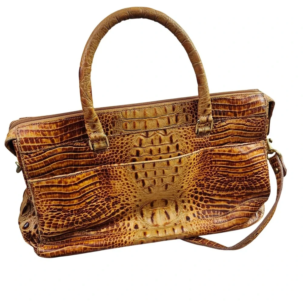 Brahmin Vtg Brown Croc- Embossed Stacy Satchel Leather Handbag Crossbody Bag - Picture 10 of 12